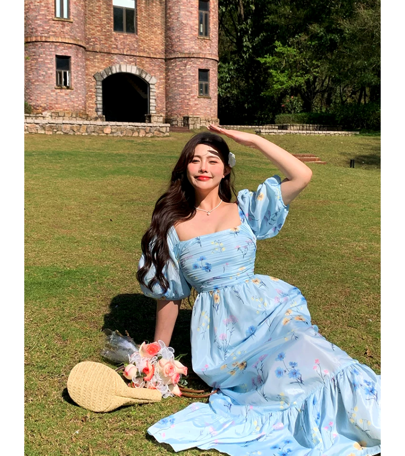 Dreamy Pastel Blue Floral Romantic Midi Dress with Square Neck and Puff Sleeves [EXCLUSIVE!] Free – So Not Size Zero