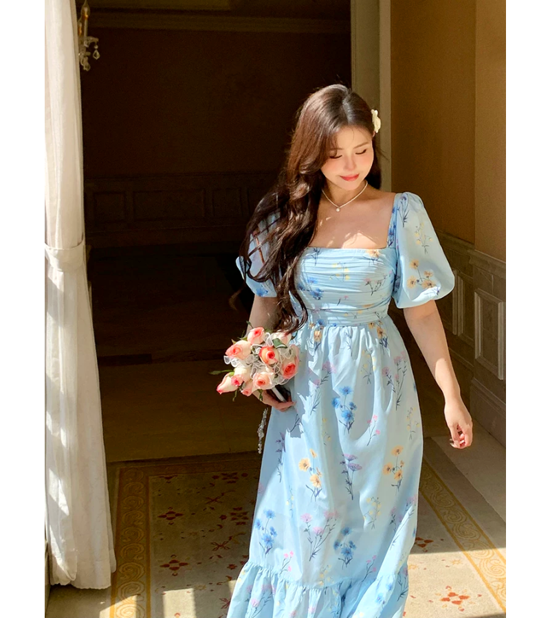 Dreamy Pastel Blue Floral Romantic Midi Dress with Square Neck and Puff Sleeves [EXCLUSIVE!] Free – So Not Size Zero