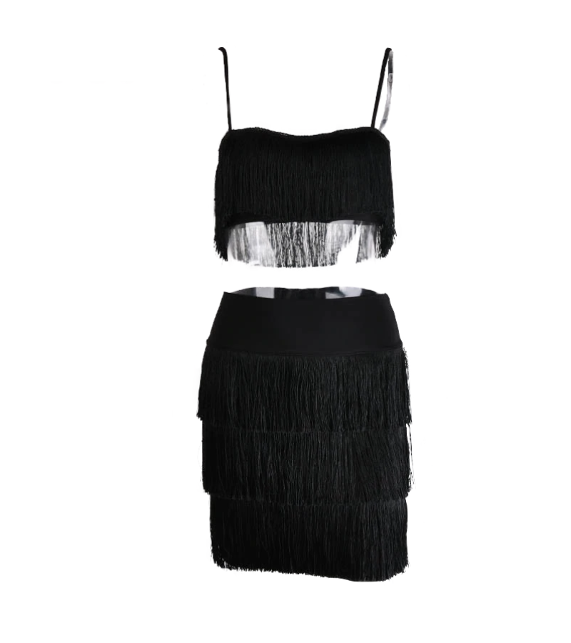 Tassel Two-Piece Dress - Black / S / 3 Layer - Dresses
