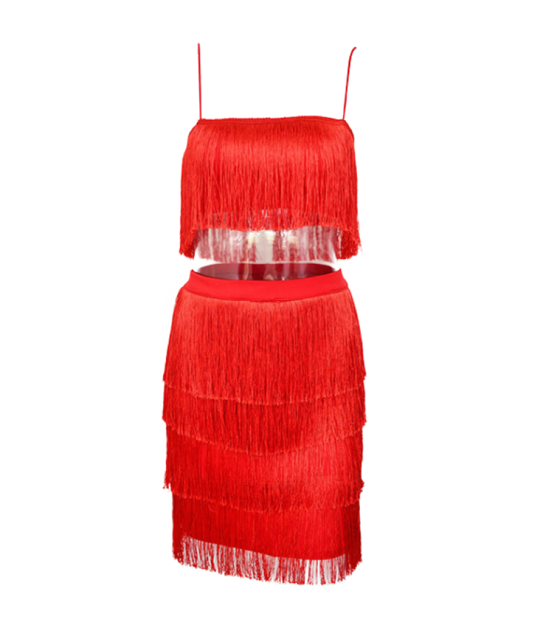open lace back dress Ginah Bead Tassel Cowl Neck Top Red